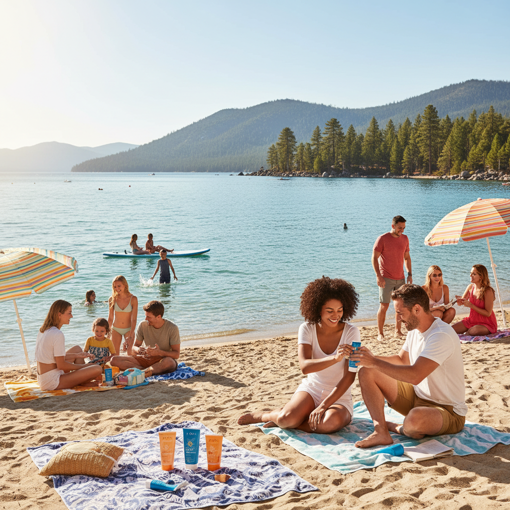 A diverse group of people relaxing and playing on a sunny Lake Tahoe beach, applying and enjoying Avon sun block, with clear blue water, pine-covered mountains in the background, towels and umbrellas on the sand, bright and cheerful summer vibes, lifestyle photography style